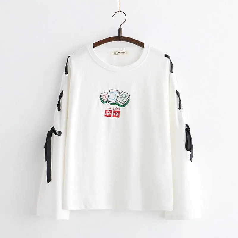 Women's Casual Mahjong Printed Lace-up Sleeved Sweaters