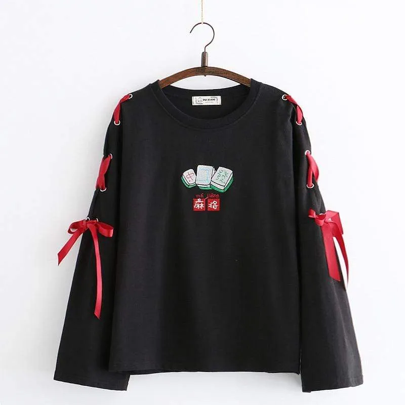 Women's Casual Mahjong Printed Lace-up Sleeved Sweaters